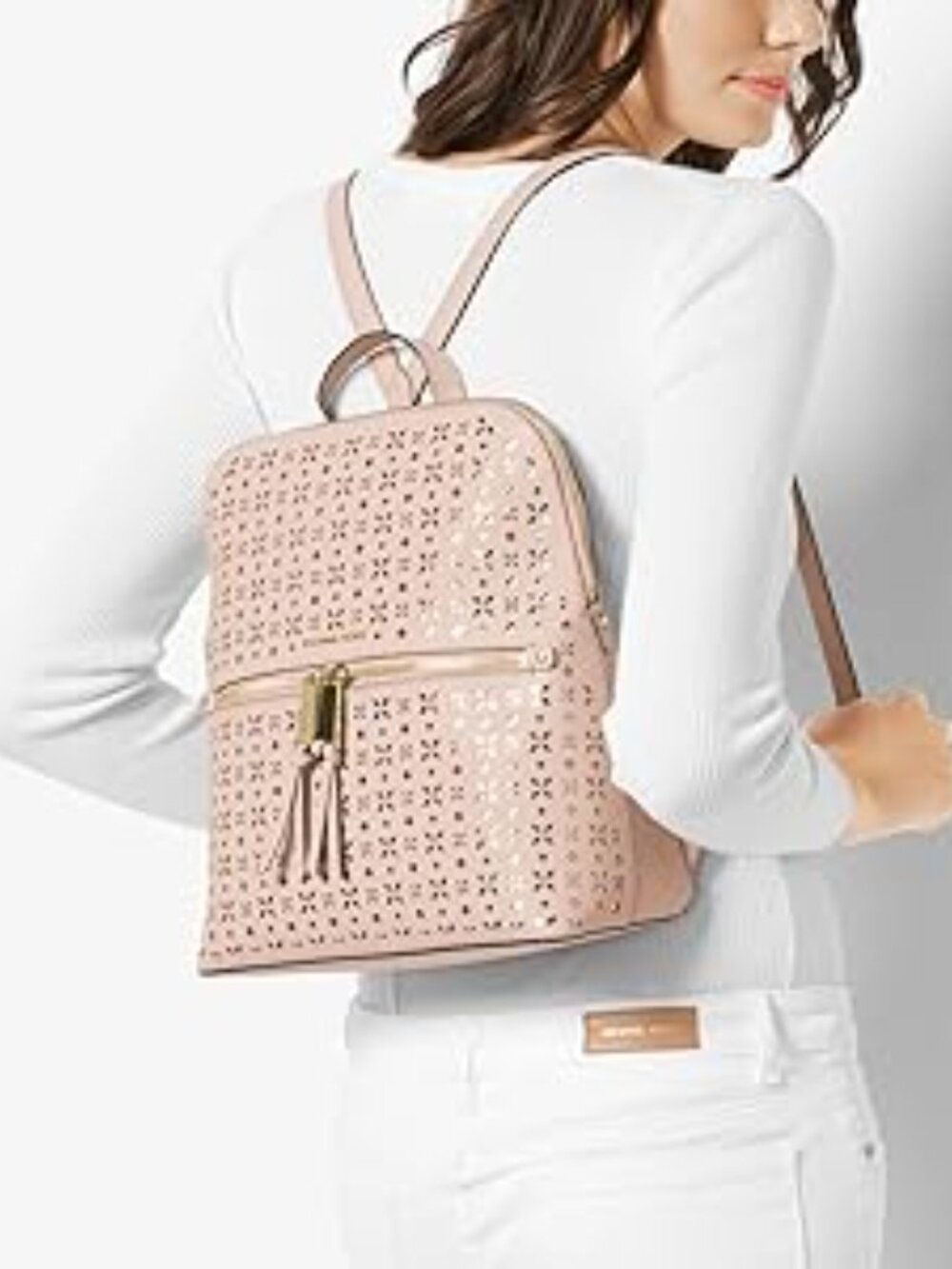 Michael Kors Rhea Zip Medium Slim Backpack Optic White Leather - Picture 2 of 2